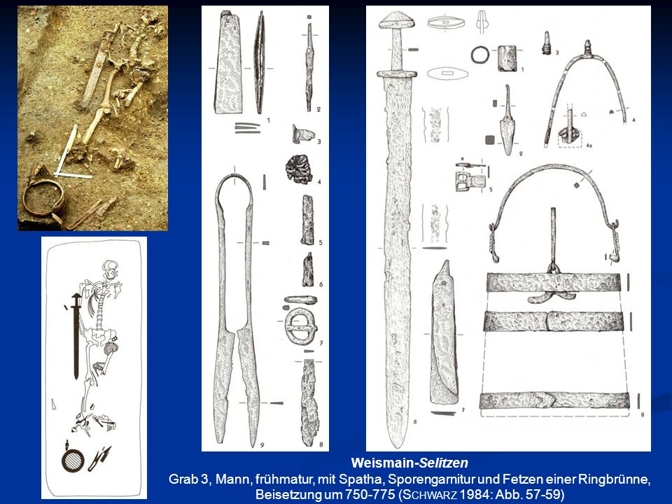 Weismain-Selitzen Grab 3, Mann, frühmatur, mit Spatha, Sporengarnitur und Fetzen einer Ringbrünne, Beisetzung um (Schwarz 1984: Abb.