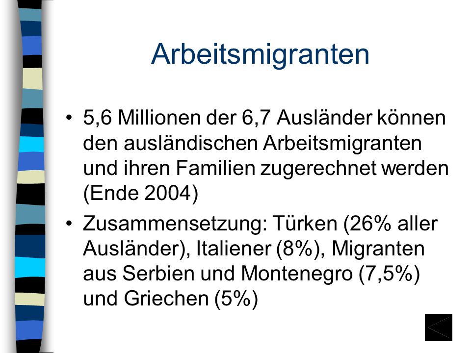 Arbeitsmigranten 5,6 Millionen der 6,7 Ausländer können den ausländischen Arbeitsmigranten und ihren Familien zugerechnet werden (Ende 2004)