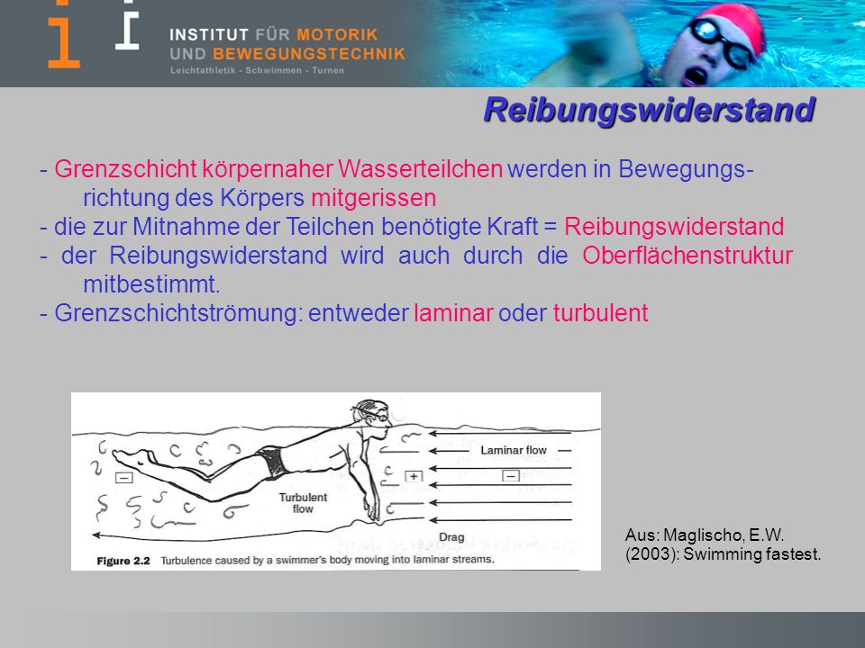 Reibungswiderstand - Grenzschicht körpernaher Wasserteilchen werden in Bewegungs-richtung des Körpers mitgerissen.