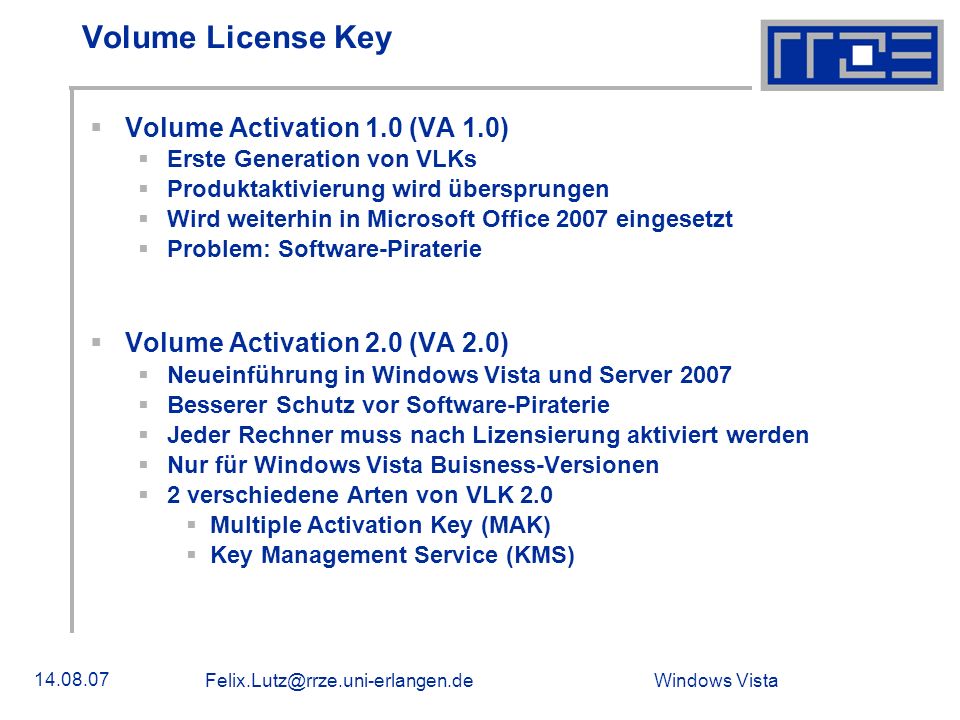 Volume License Key Volume Activation 1.0 (VA 1.0)