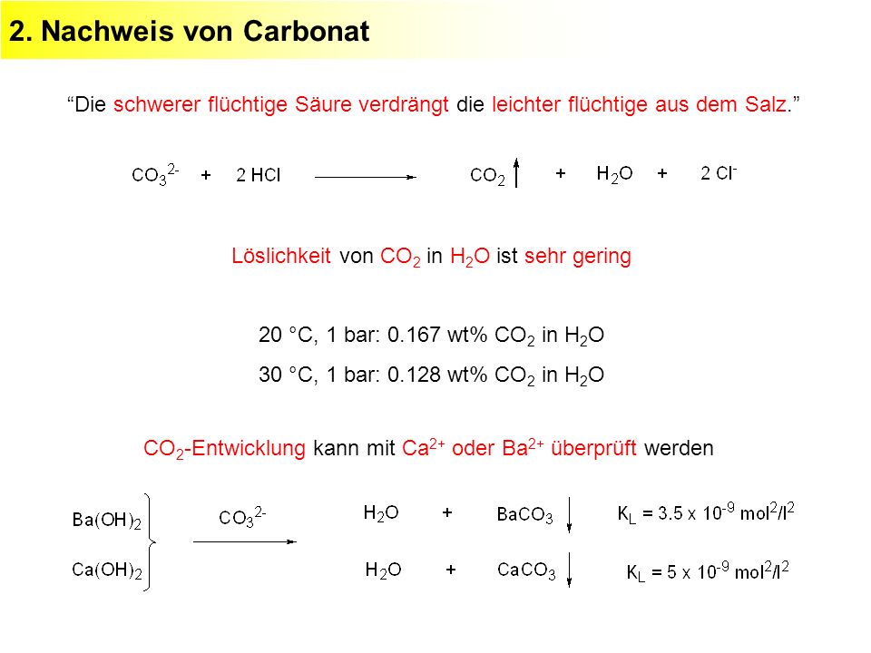 2. Nachweis von Carbonat Die schwerer flüchtige Säure verdrängt die leichter flüchtige aus dem Salz.