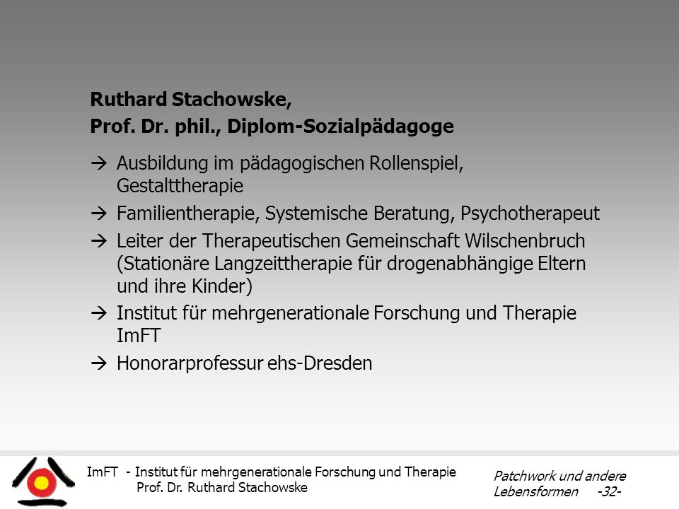 Ruthard Stachowske, Prof. Dr. phil., Diplom-Sozialpädagoge. Ausbildung im pädagogischen Rollenspiel, Gestalttherapie.
