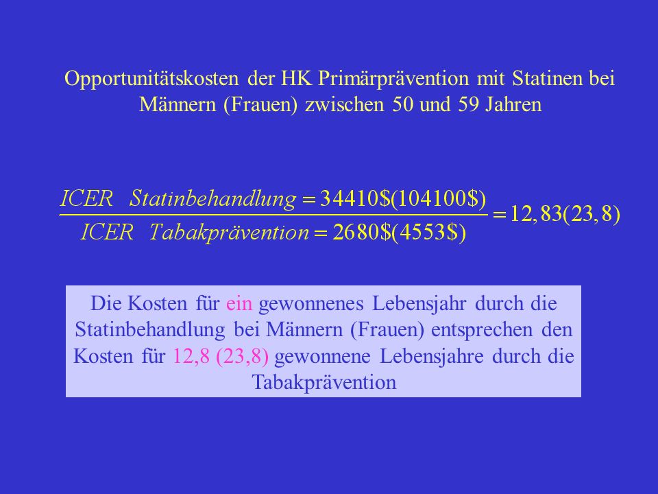 Opportunitätskosten der HK Primärprävention mit Statinen bei Männern (Frauen) zwischen 50 und 59 Jahren