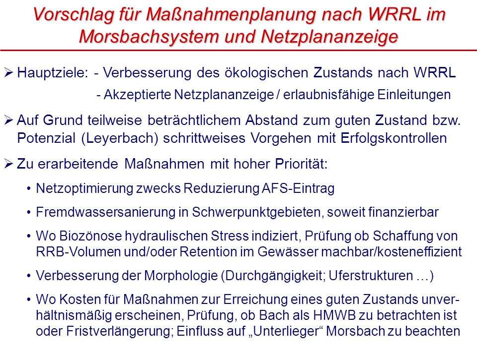 Vorschlag für Maßnahmenplanung nach WRRL im Morsbachsystem und Netzplananzeige