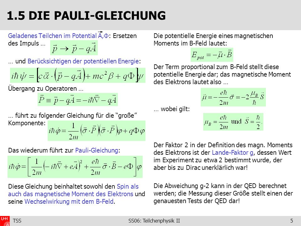 1.5 DIE PAULI-GLEICHUNG Geladenes Teilchen im Potential A,: Ersetzen des Impuls … … und Berücksichtigen der potentiellen Energie: