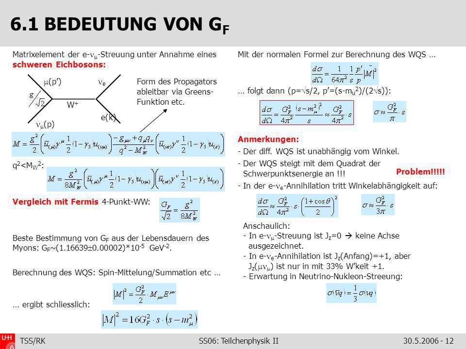 6.1 BEDEUTUNG VON GF Matrixelement der e--Streuung unter Annahme eines schweren Eichbosons: q2<MW2: