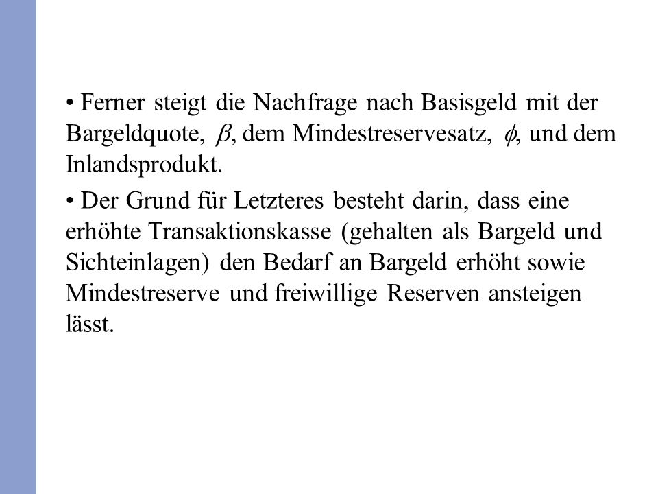 Ferner steigt die Nachfrage nach Basisgeld mit der Bargeldquote, b, dem Mindestreservesatz, f, und dem Inlandsprodukt.