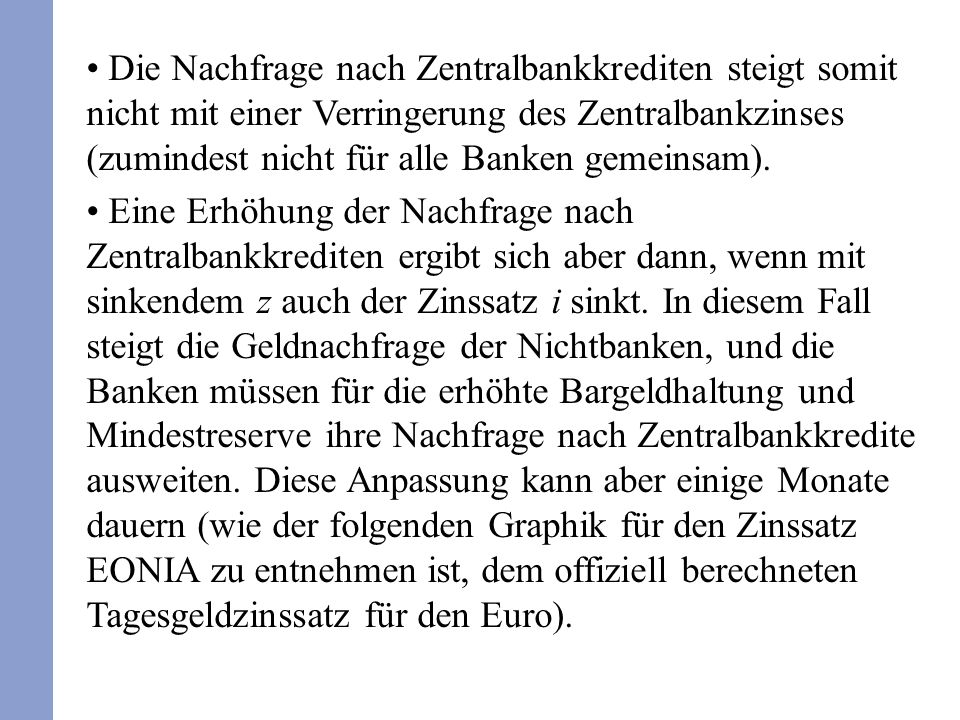 Die Nachfrage nach Zentralbankkrediten steigt somit nicht mit einer Verringerung des Zentralbankzinses (zumindest nicht für alle Banken gemeinsam).