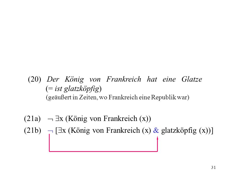 (20) Der König von Frankreich hat eine Glatze (= ist glatzköpfig)
