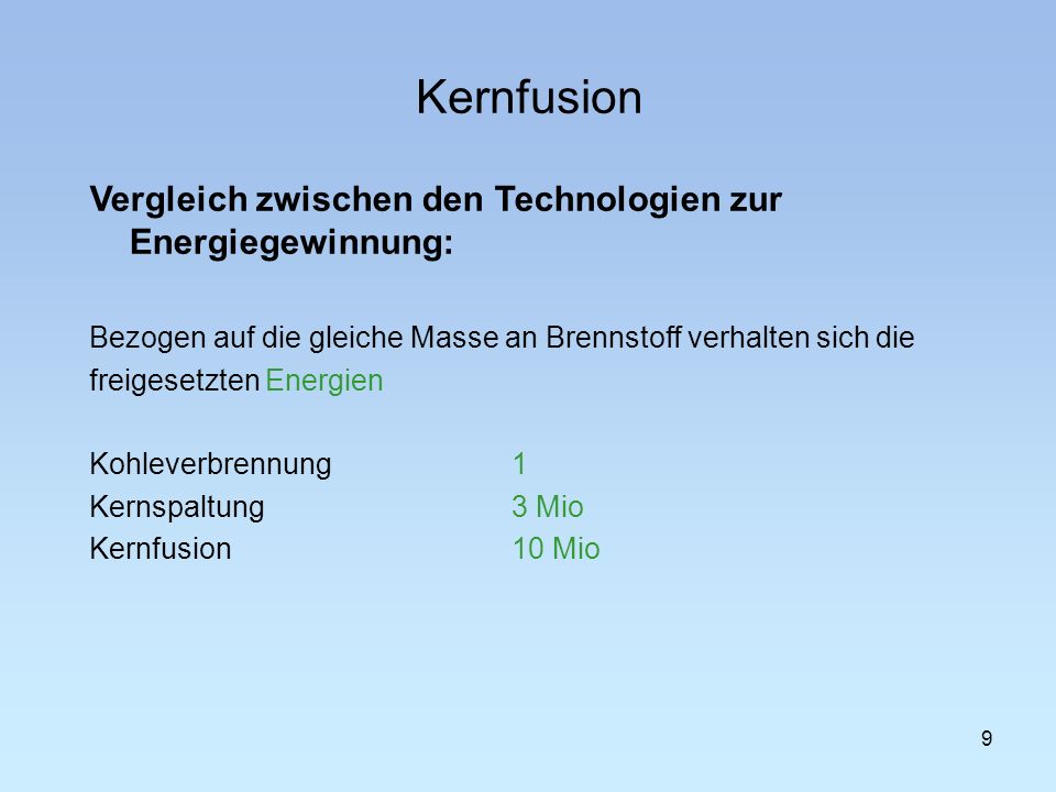 Kernfusion Vergleich zwischen den Technologien zur Energiegewinnung: