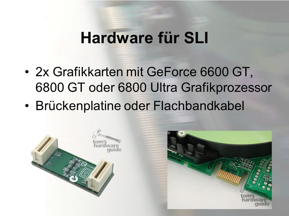 Hardware für SLI 2x Grafikkarten mit GeForce 6600 GT, 6800 GT oder 6800 Ultra Grafikprozessor.
