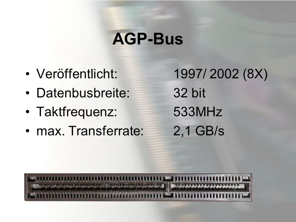 AGP-Bus Veröffentlicht: 1997/ 2002 (8X) Datenbusbreite: 32 bit