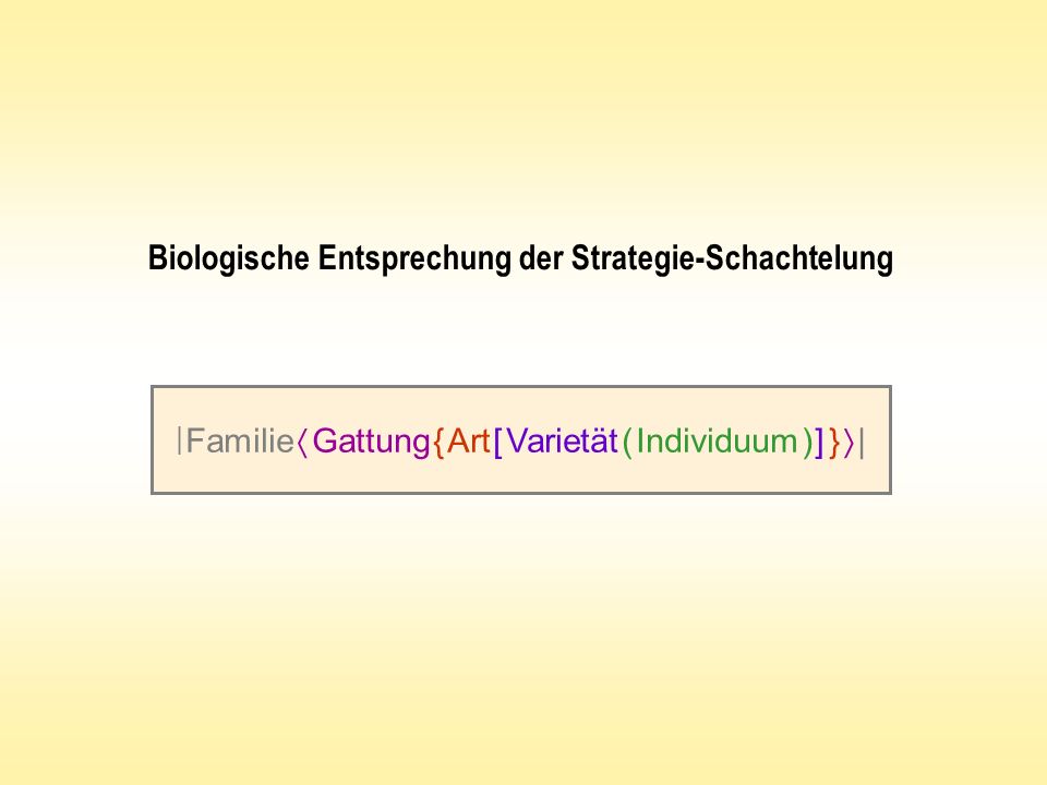 | Familie  Gattung { Art [ Varietät ( Individuum ) ] }  |