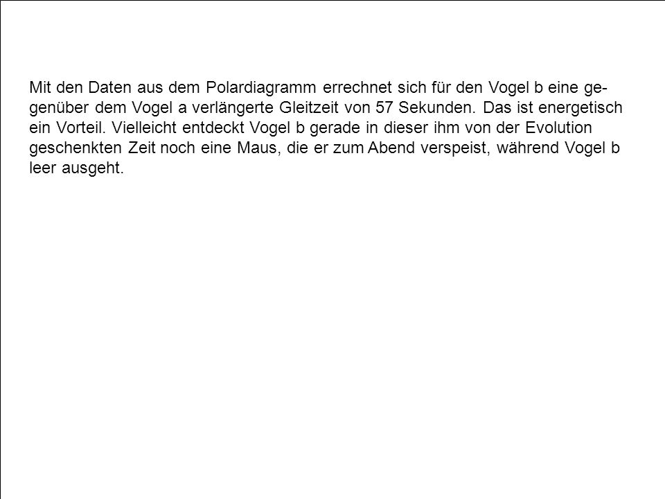 Mit den Daten aus dem Polardiagramm errechnet sich für den Vogel b eine ge-genüber dem Vogel a verlängerte Gleitzeit von 57 Sekunden.