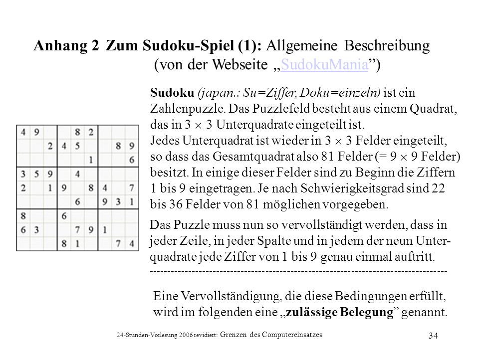 Zum Sudoku-Spiel (1): Allgemeine Beschreibung