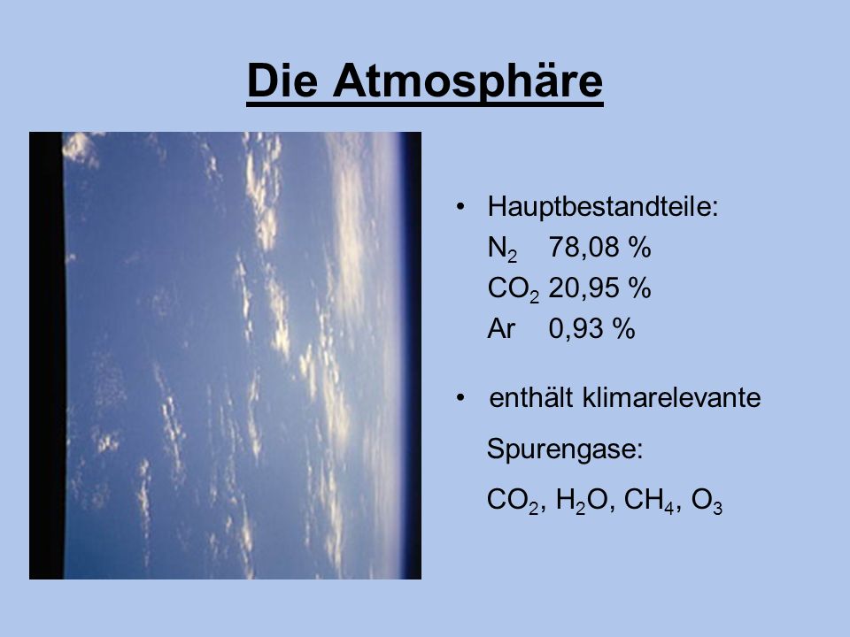 Die Atmosphäre • Hauptbestandteile: N2 78,08 % CO2 20,95 % Ar 0,93 %