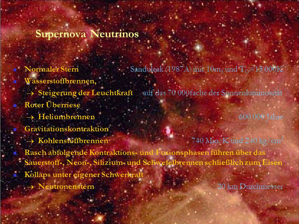 Supernova Neutrinos Normaler Stern Sanduleak (1987A) mit 10mS und TO=15 000K.