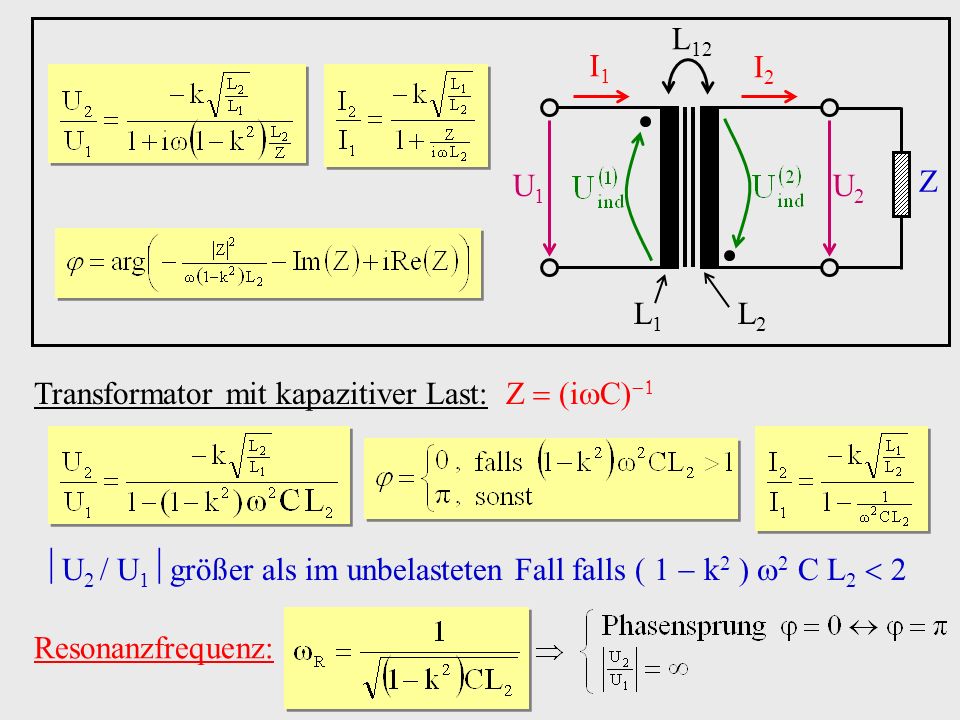 U1 U2. I1. I2. Z. L1. L2. L12. Transformator mit kapazitiver Last: Z(iC)