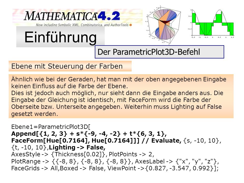 Einführung Der ParametricPlot3D-Befehl Ebene mit Steuerung der Farben