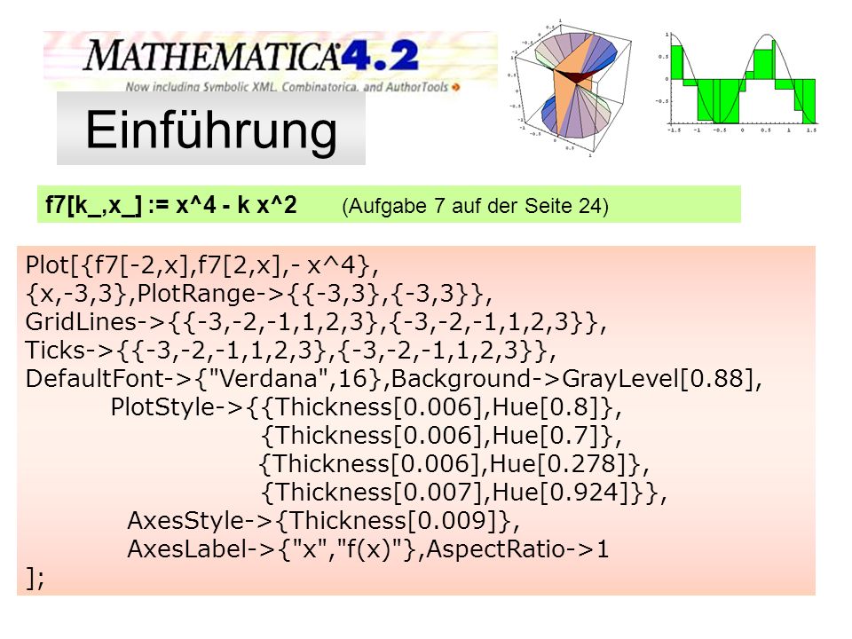 Einführung f7[k_,x_] := x^4 - k x^2 (Aufgabe 7 auf der Seite 24)
