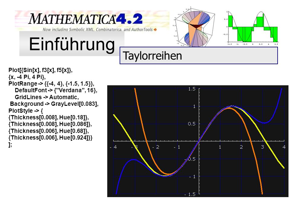 Einführung Taylorreihen Plot[{Sin[x], f3[x], f5[x]}, {x, -4 Pi, 4 Pi},