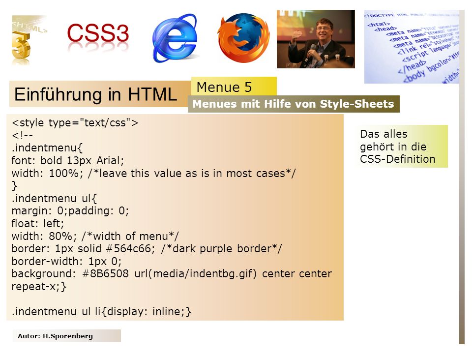 Einführung in HTML Menue 5 Menues mit Hilfe von Style-Sheets