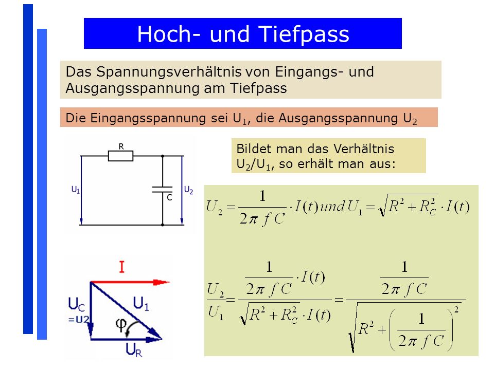 Hoch- und Tiefpass Das Spannungsverhältnis von Eingangs- und Ausgangsspannung am Tiefpass. Die Eingangsspannung sei U1, die Ausgangsspannung U2.