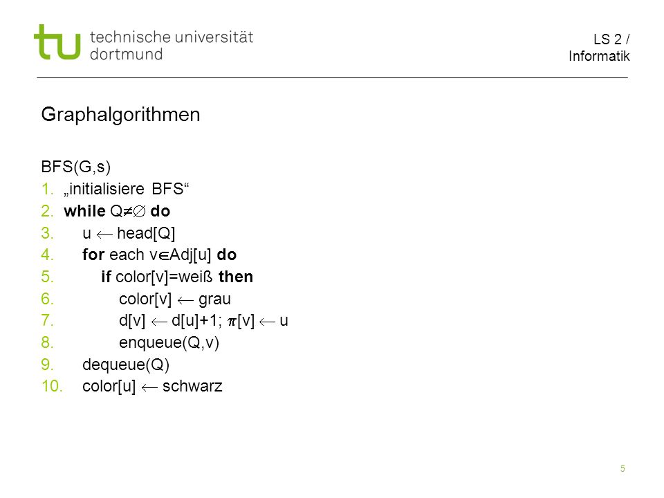 Graphalgorithmen BFS(G,s) 1. „initialisiere BFS 2. while Q do