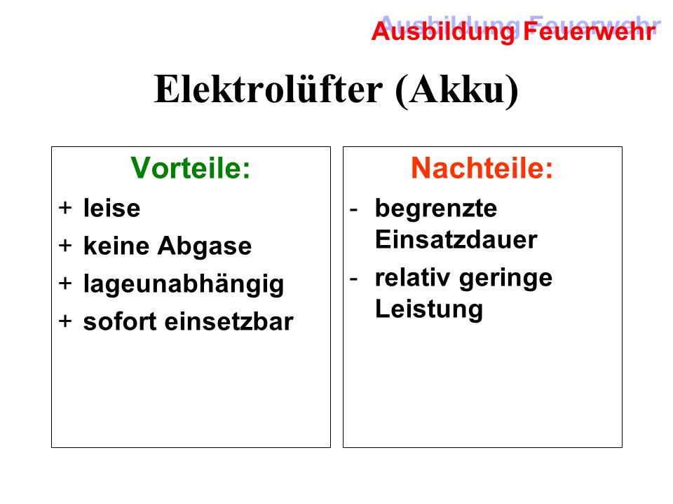 Elektrolüfter (Akku) Vorteile: Nachteile: leise keine Abgase