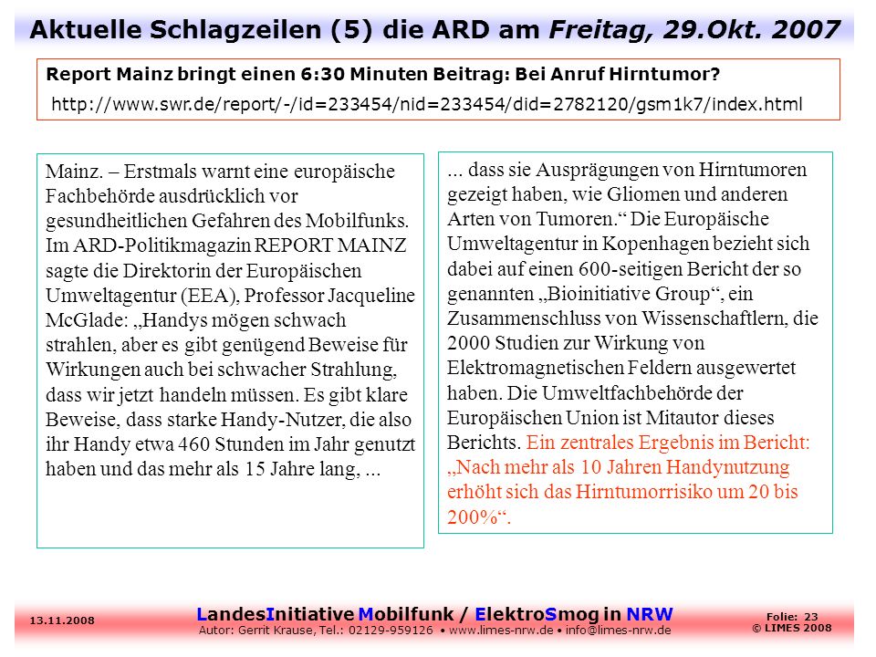 Aktuelle Schlagzeilen (5) die ARD am Freitag, 29.Okt. 2007