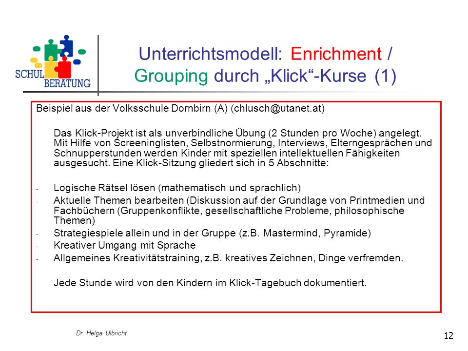 Unterrichtsmodell: Enrichment / Grouping durch „Klick -Kurse (1)