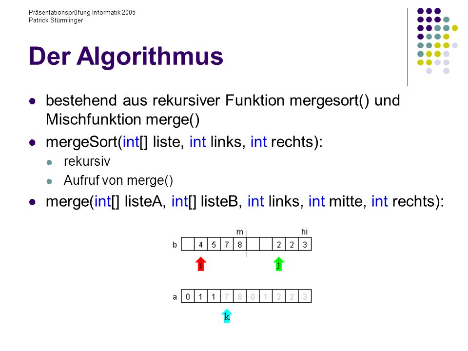 Der Algorithmus Präsentationsprüfung Informatik 2005 Patrick Stürmlinger. bestehend aus rekursiver Funktion mergesort() und Mischfunktion merge()