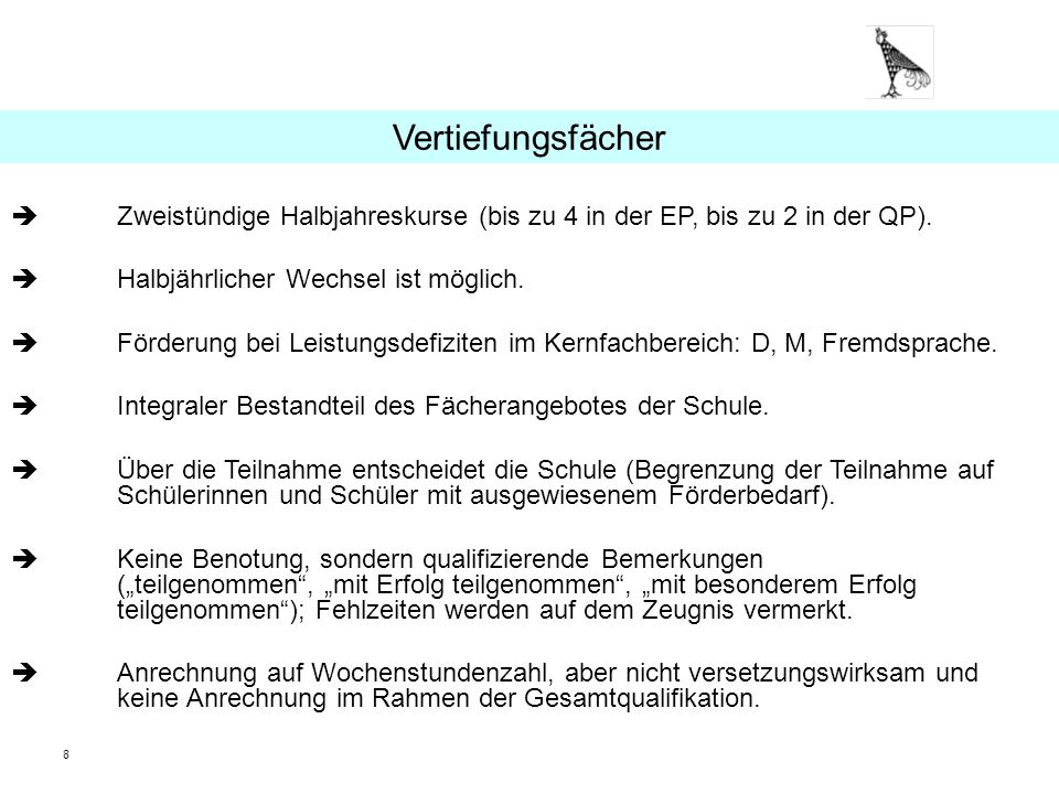 Vertiefungsfächer  Zweistündige Halbjahreskurse (bis zu 4 in der EP, bis zu 2 in der QP). Halbjährlicher Wechsel ist möglich.