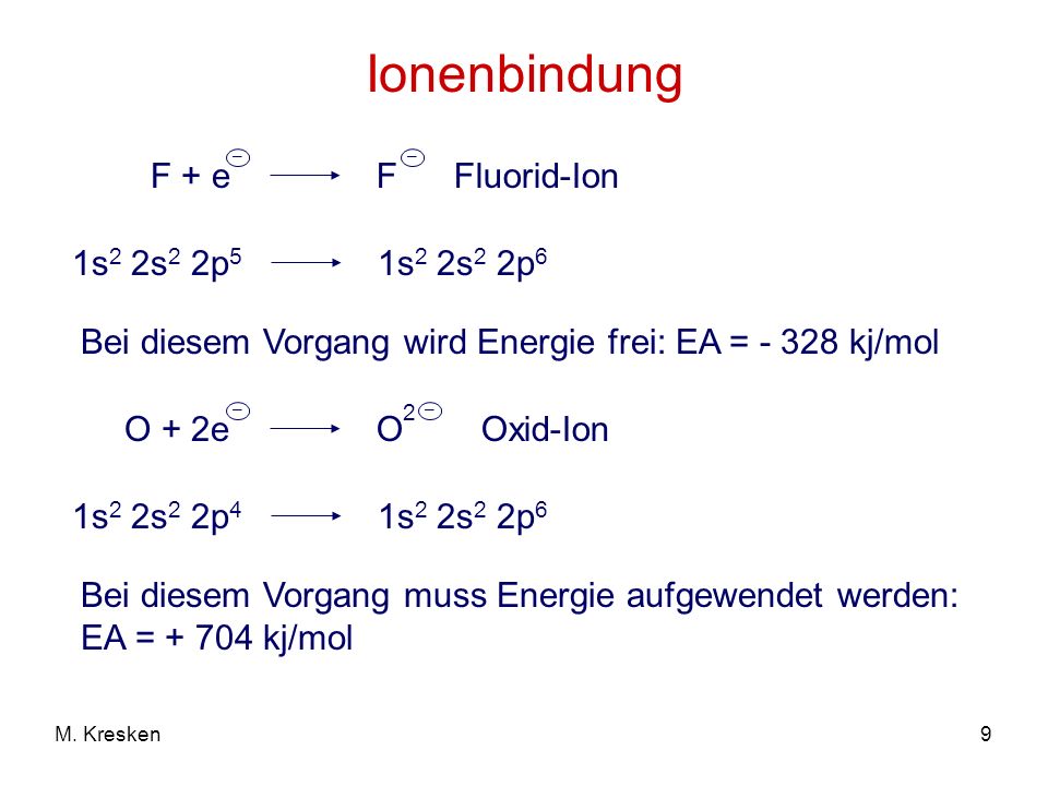 Ionenbindung F + e F Fluorid-Ion 1s2 2s2 2p5 1s2 2s2 2p6