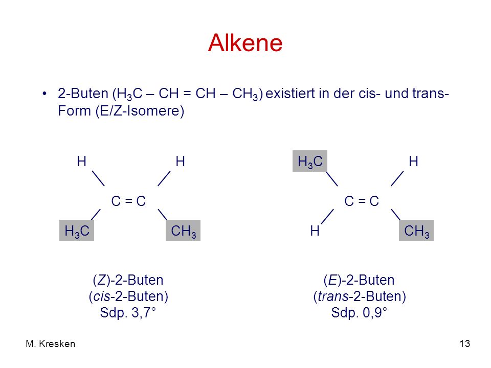 Alkene 2-Buten (H3C – CH = CH – CH3) existiert in der cis- und trans-Form (E/Z-Isomere) C = C. CH3.