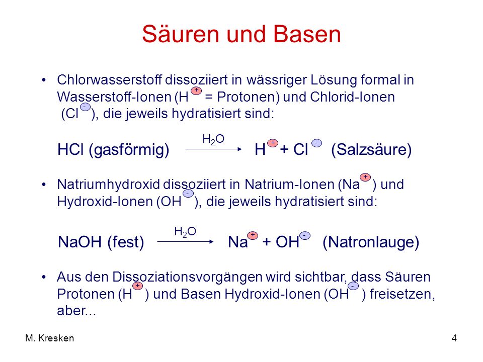 Säuren und Basen HCl (gasförmig) H + Cl (Salzsäure)