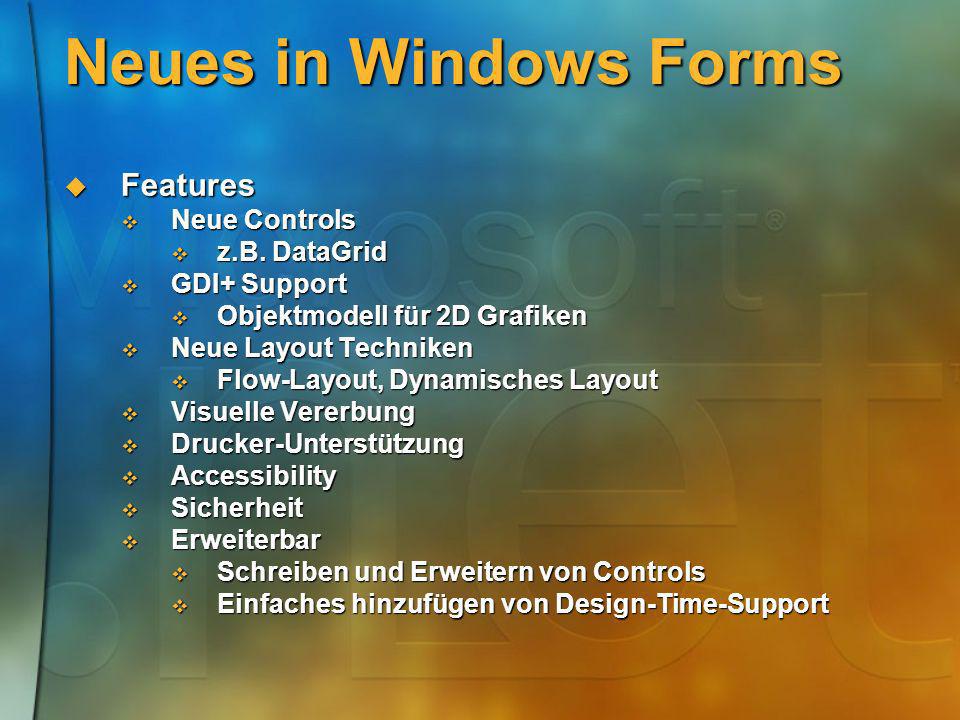 Neues in Windows Forms Features Neue Controls z.B. DataGrid