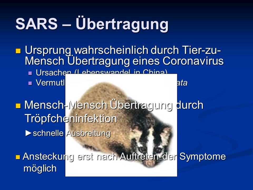 SARS – Übertragung Ursprung wahrscheinlich durch Tier-zu-Mensch Übertragung eines Coronavirus. Ursachen (Lebenswandel in China)