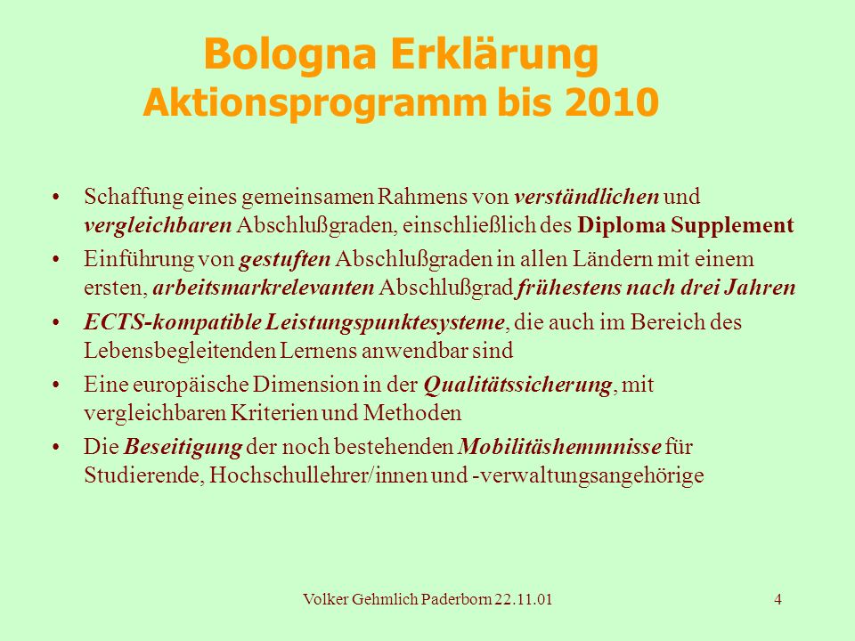 Bologna Erklärung Aktionsprogramm bis 2010