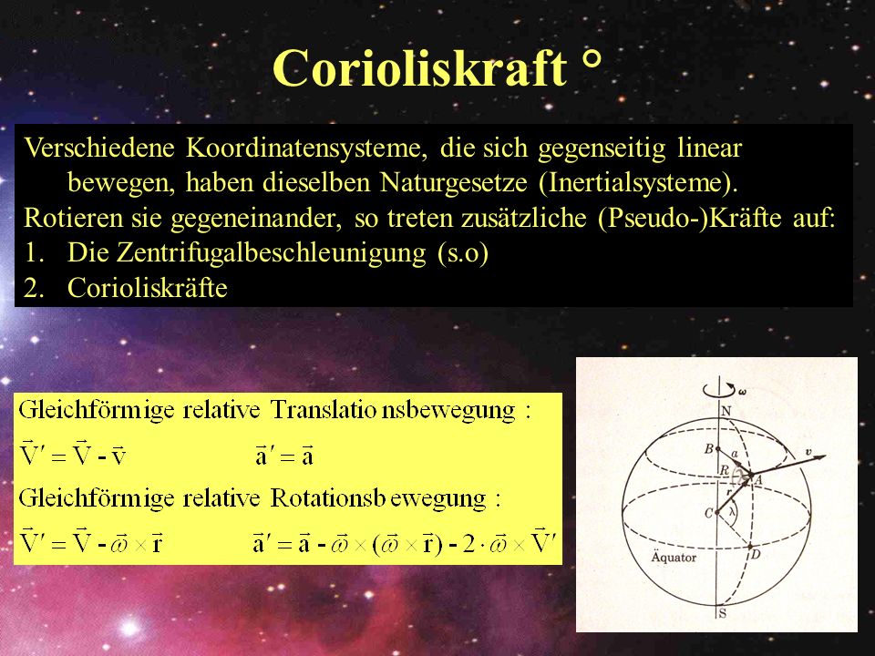 Corioliskraft ° Verschiedene Koordinatensysteme, die sich gegenseitig linear bewegen, haben dieselben Naturgesetze (Inertialsysteme).