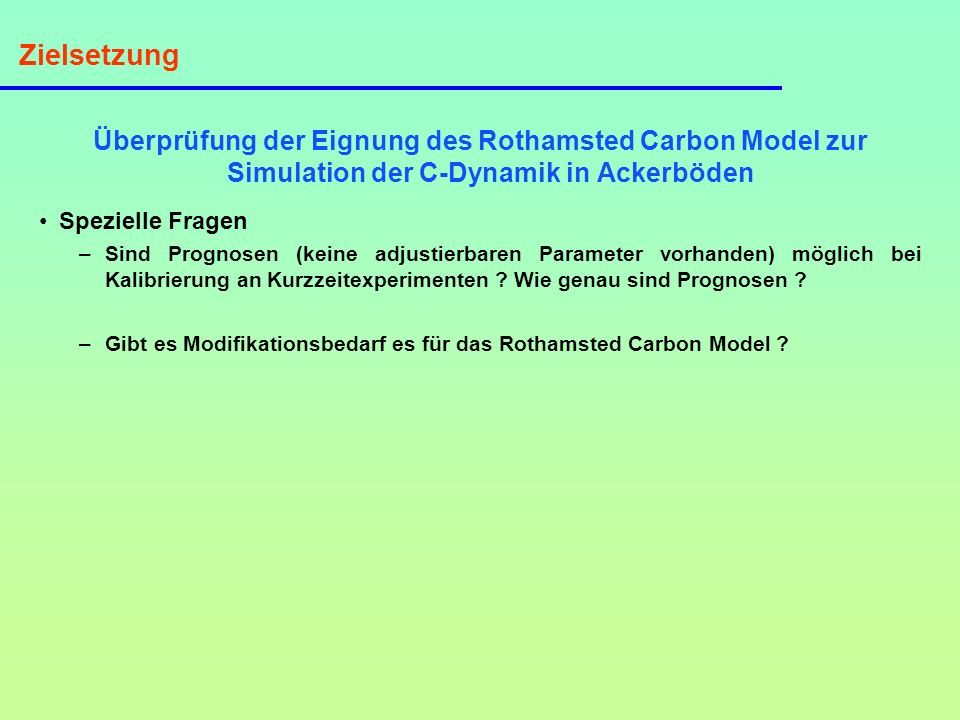 Zielsetzung Überprüfung der Eignung des Rothamsted Carbon Model zur Simulation der C-Dynamik in Ackerböden.