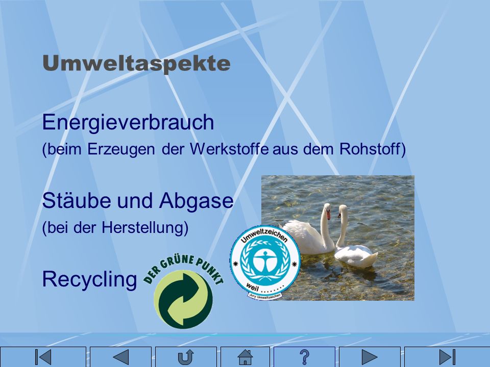 Umweltaspekte Energieverbrauch Stäube und Abgase Recycling