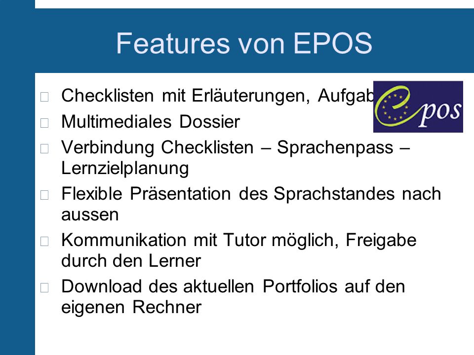 Features von EPOS Checklisten mit Erläuterungen, Aufgaben