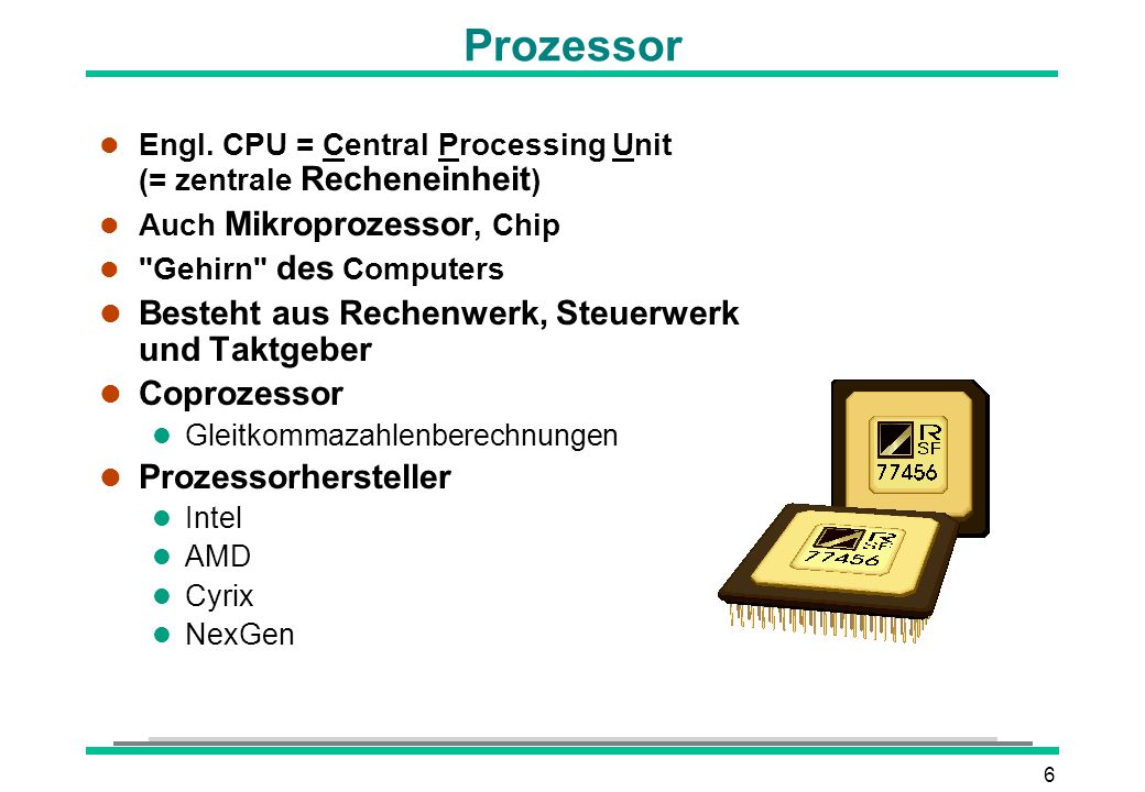 Prozessor Besteht aus Rechenwerk, Steuerwerk und Taktgeber Coprozessor