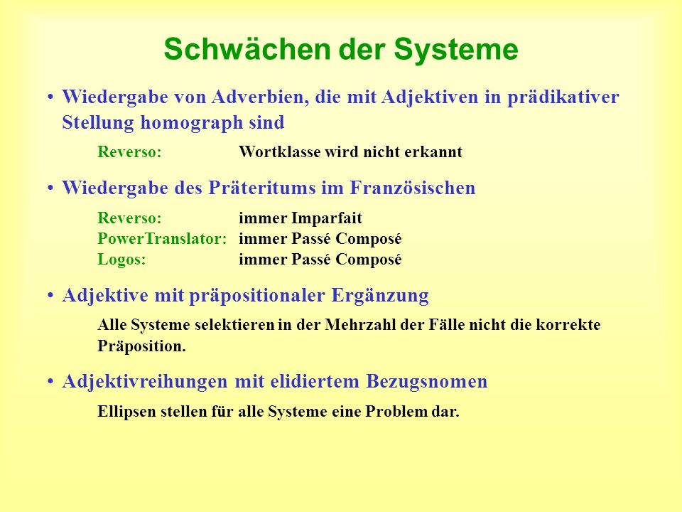 Schwächen der Systeme Wiedergabe von Adverbien, die mit Adjektiven in prädikativer Stellung homograph sind.
