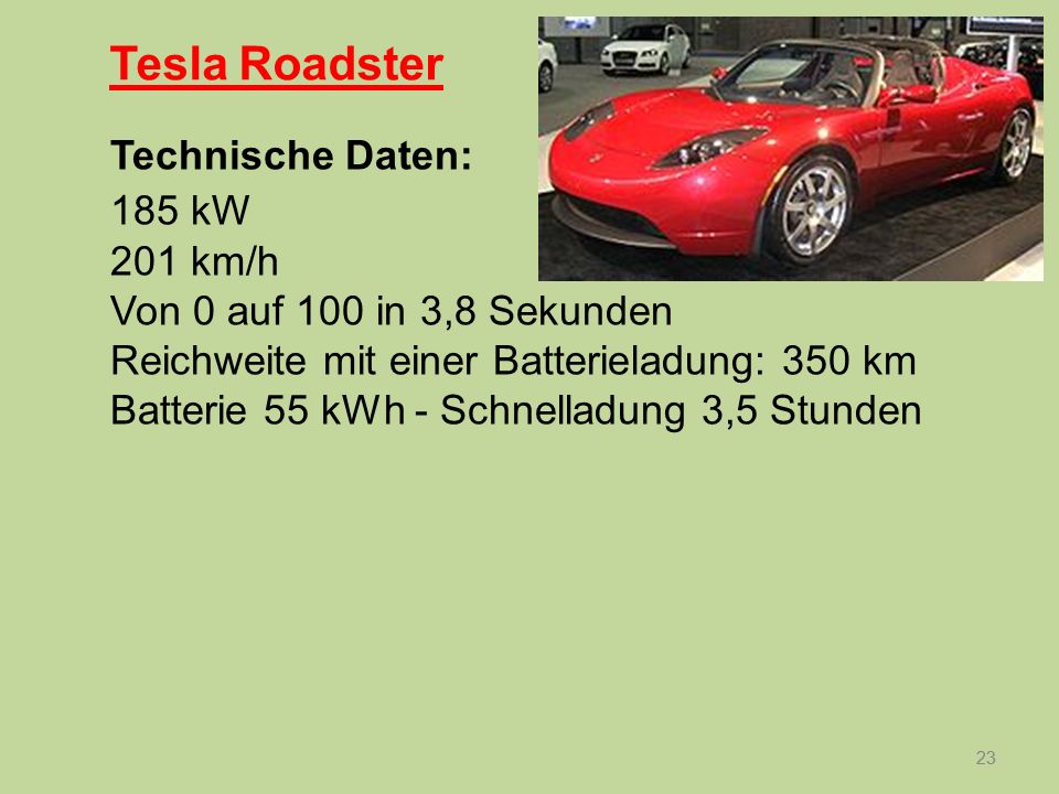 Tesla Roadster Technische Daten: 185 kW 201 km/h
