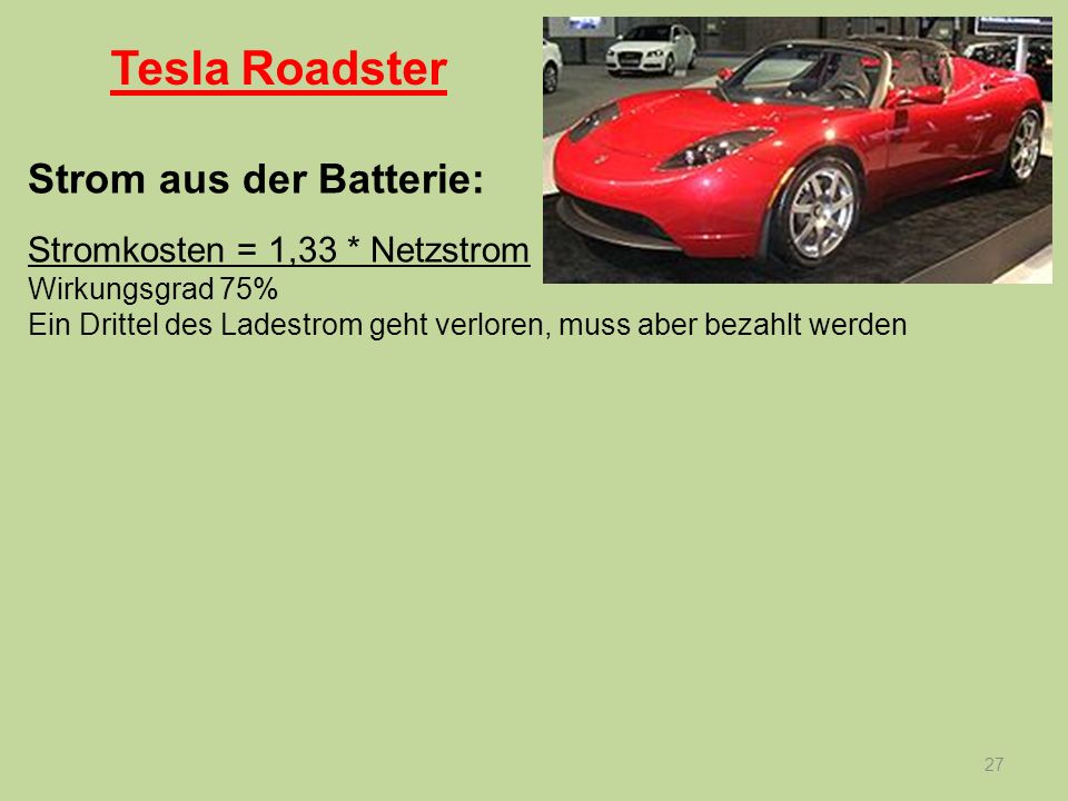 Tesla Roadster Strom aus der Batterie: Stromkosten = 1,33 * Netzstrom
