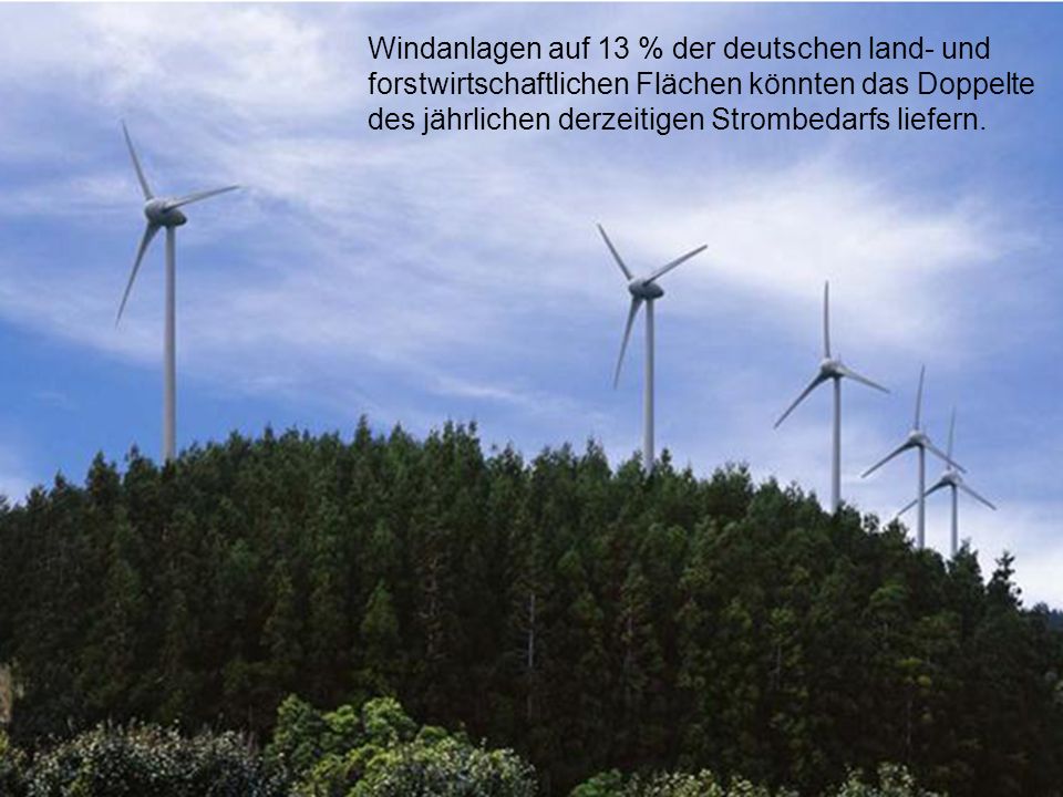 Windanlagen auf 13 % der deutschen land- und forstwirtschaftlichen Flächen könnten das Doppelte des jährlichen derzeitigen Strombedarfs liefern.