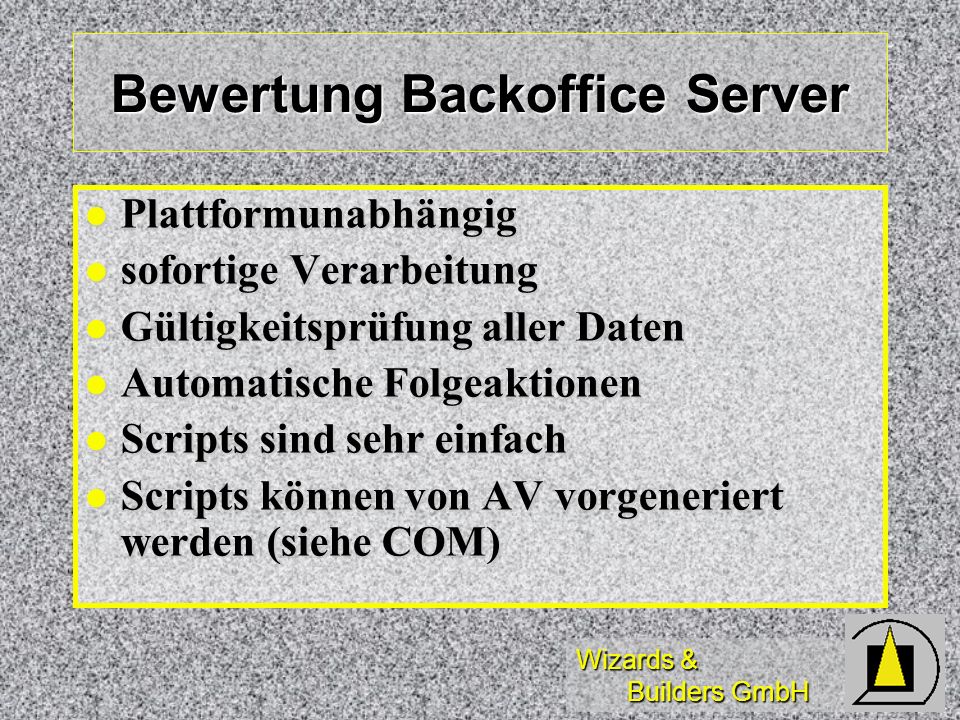 Bewertung Backoffice Server