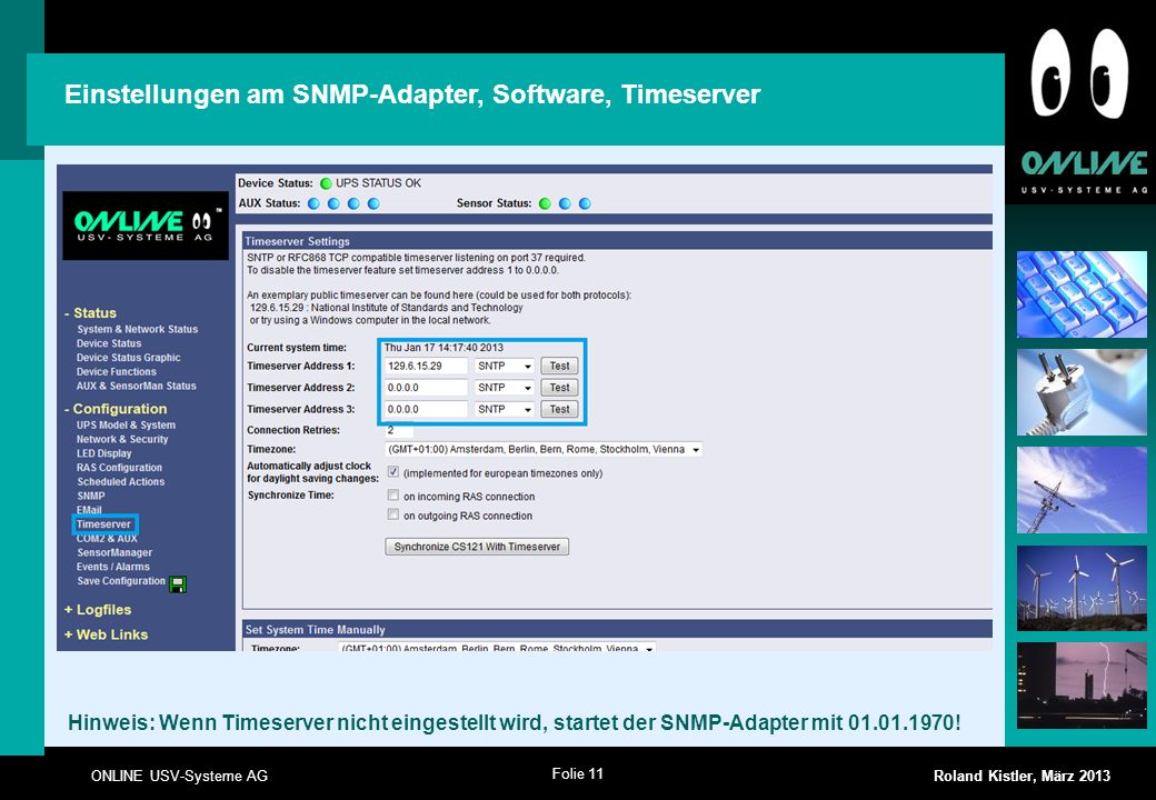 Einstellungen am SNMP-Adapter, Software, Timeserver